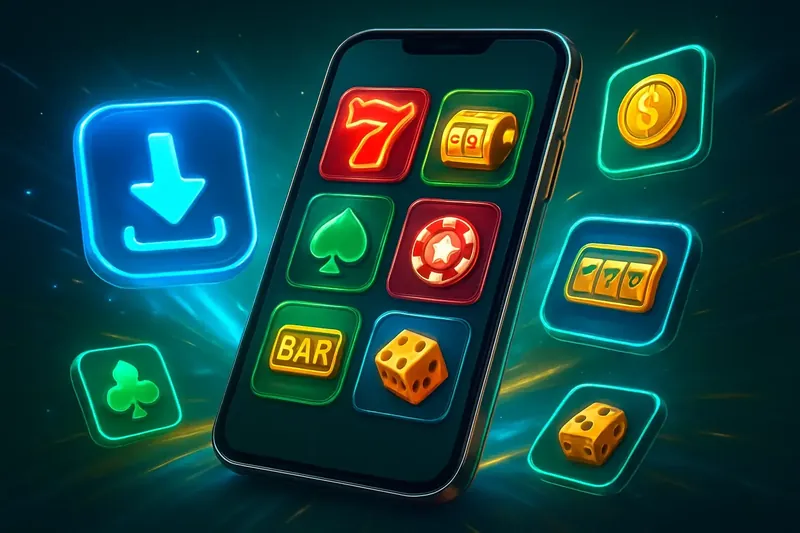 Glossy smartphone casino app banner with neon download icon and glowing tiles