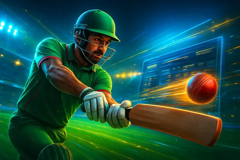 Cricket Sportsbook Action Cricket batter striking ball under stadium lights for sportsbook campaign banner
