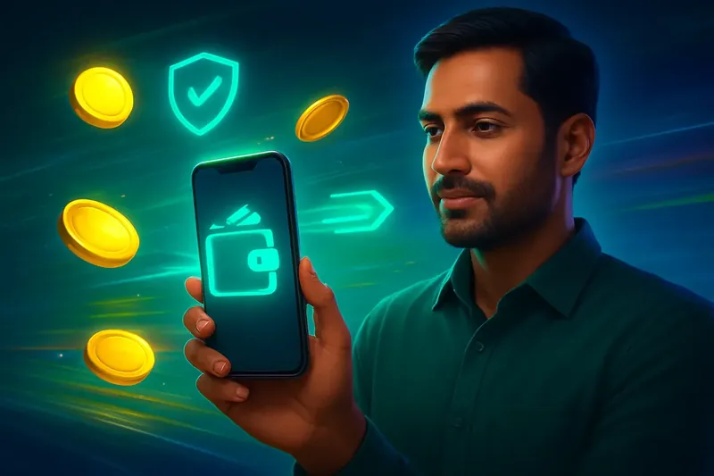 Hand holding smartphone with secure mobile wallet, coins, and speed light trails
