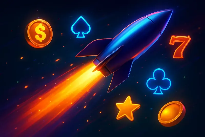 Glossy 3D rocket launch banner with neon casino speed effects