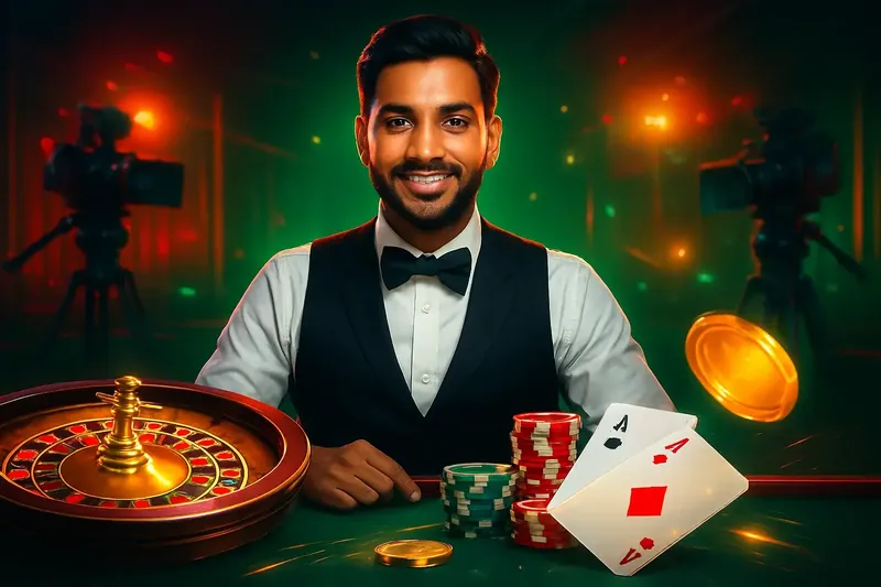 Professional live dealer with roulette, cards, chips, and studio lights