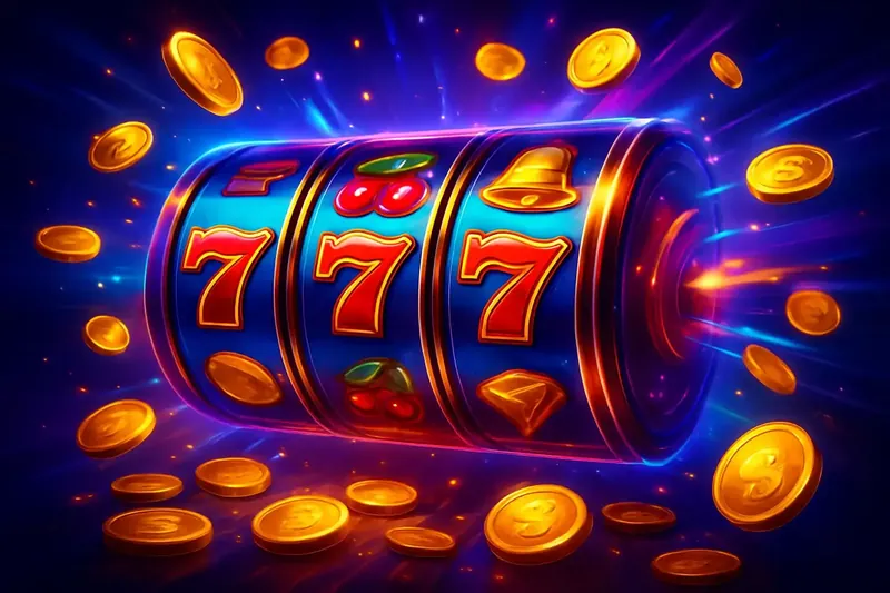 Explosive Slot Reels Colorful spinning slot machine reels with coins, sparkles, and neon glow
